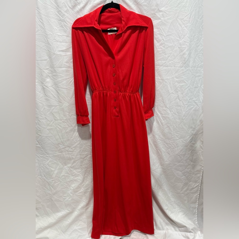 Vintage Red Long Sleeve Button Front Maxi Collared Dress 14 Made in USA Pinup - Picture 1 of 13